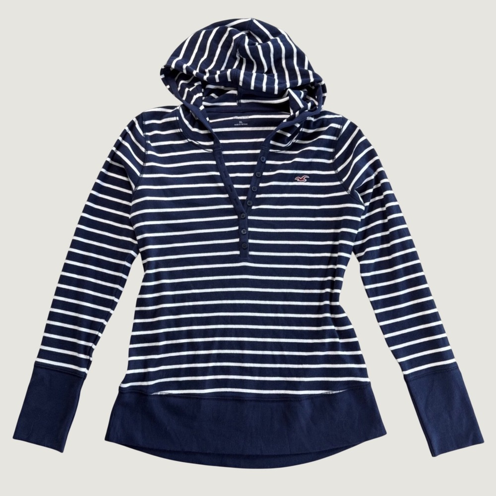 Hollister Hoodie Women XL Navy Blue Preppy Striped Ribbed Henley Long Sleeve